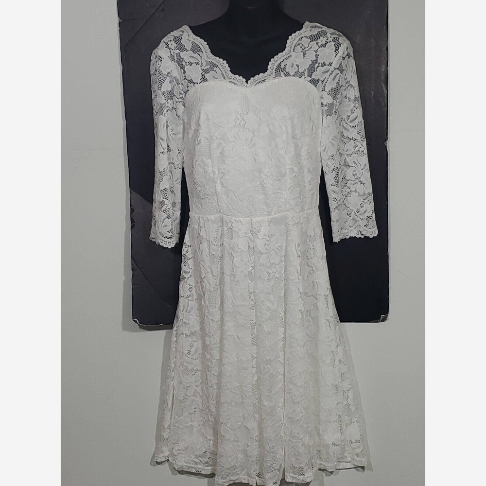 Bery Love Women's White Lace Knee Length 3/4 Sleeve Formal Romantic S Dress...